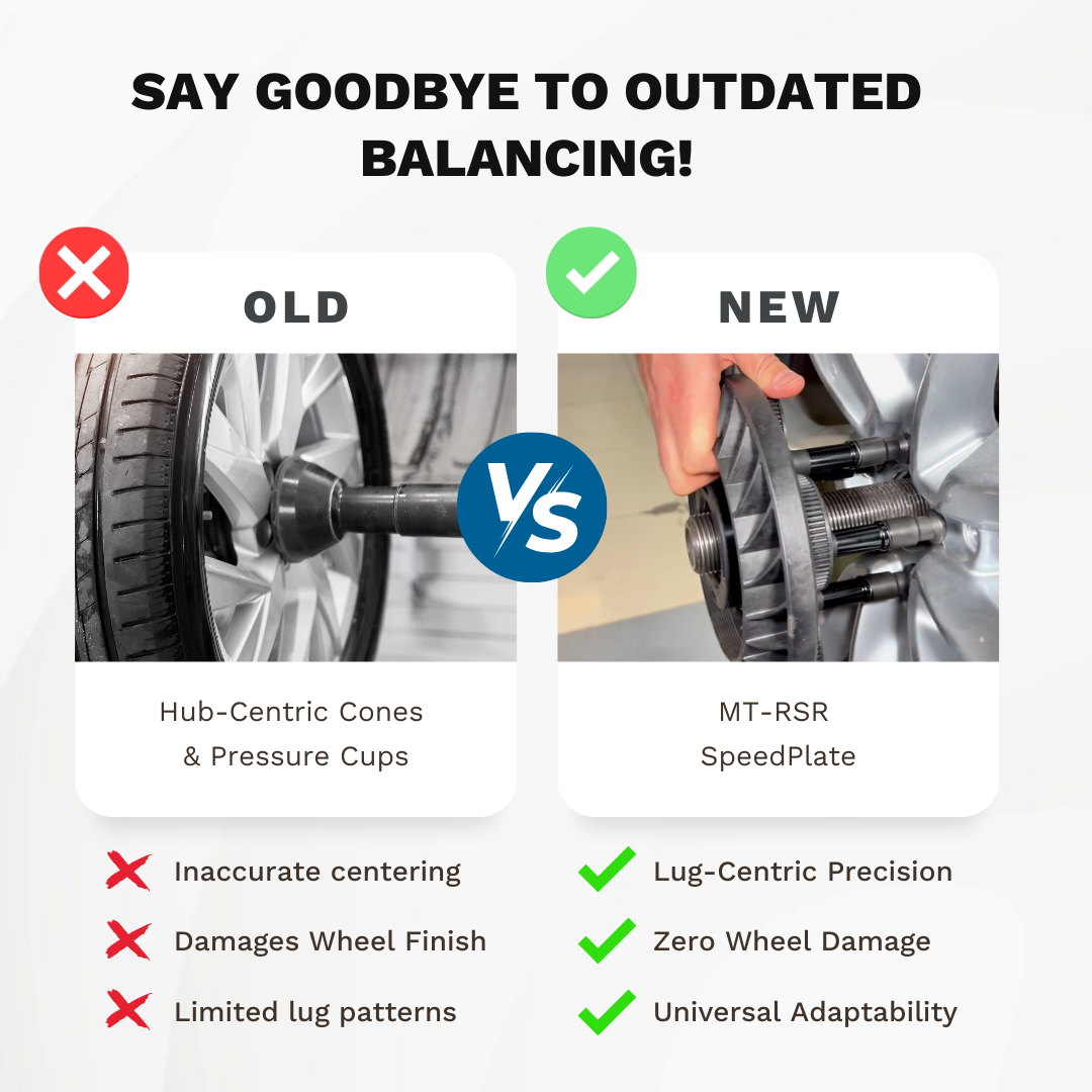 Side-by-side comparison of traditional cone-centric wheel balancing versus modern lug-centric speed plate balancing methods.