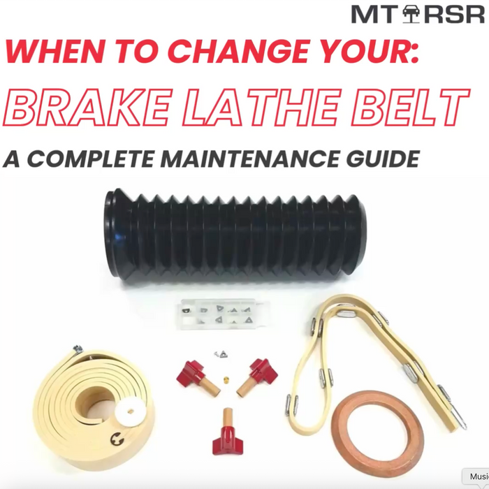 MT-RSR brake lathe maintenance guide graphic showing replacement parts, including a black rubber bellows boot, a coiled drive belt, red adjustment knobs, a copper washer, and small hardware.