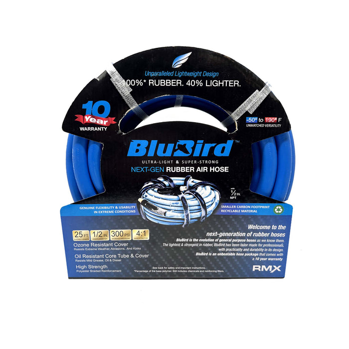 Manguera de aire Blu-Bird de 1/2 pulg. x 25 pies, 2 conectores NPT macho de 1/2 pulg. con reductores de 3/8 pulg.