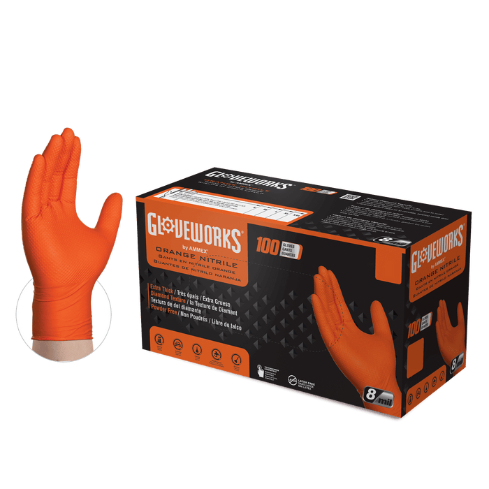8mil Nitrile Gloves w/ Diamond Texture - Orange - Large