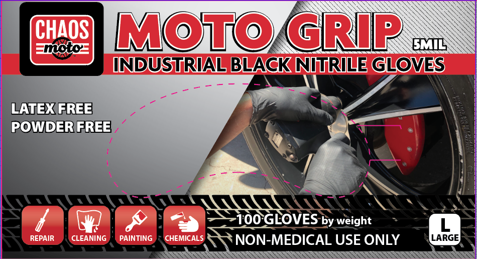 Guantes de nitrilo negros Chaos Moto, 5 milésimas de pulgada, P/F, 100/caja, talla grande