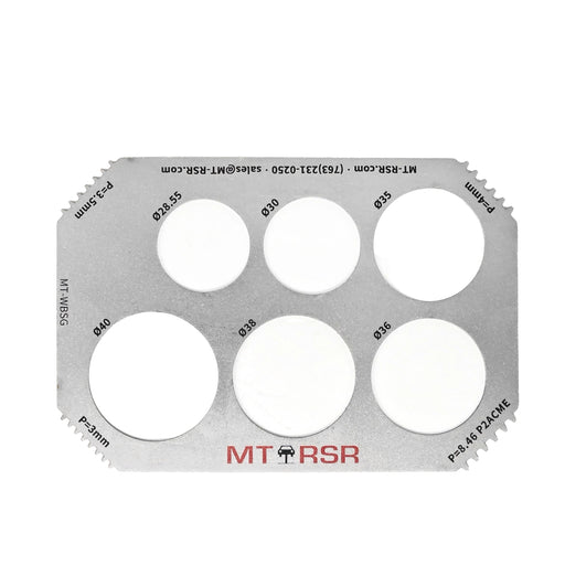Metal template with circular holes and branding on a white background used for measuring thread and diameter