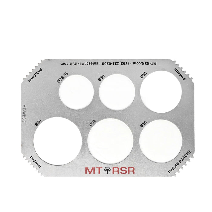 Metal template with circular holes and branding on a white background used for measuring thread and diameter