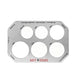 Metal template with circular holes and branding on a white background used for measuring thread and diameter