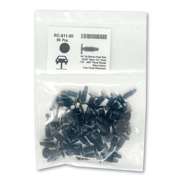Panel de moldura de nailon negro, ret., orificio de 1/4", cabeza de 1/2", vástago de 23/32" (paquete de 50)