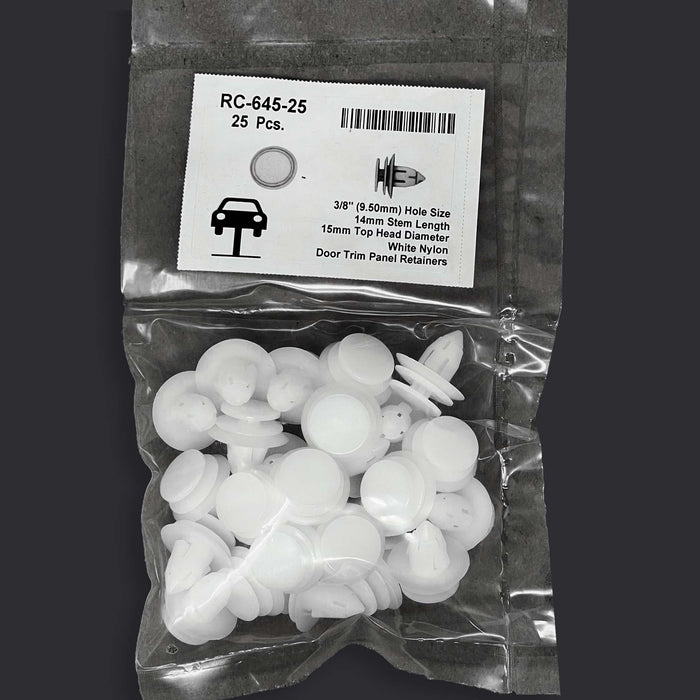 Retenedor de panel de puerta de nailon blanco - Orificio de 9,5 mm, cabezal de 15 mm, vástago de 14 mm (paquete de 25)