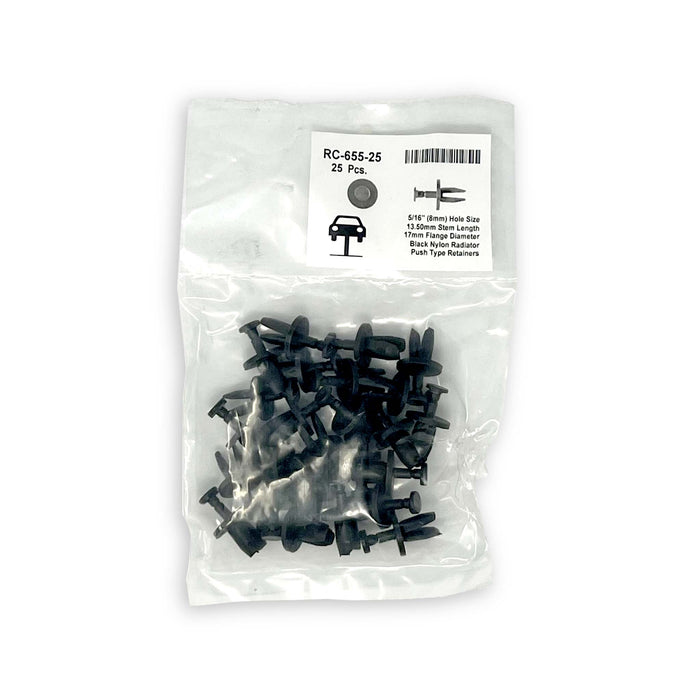 Black Nylon Push Type Retainer Clip - 8mm Hole Size 13.5mm Stem Lgth (Pack of 25)