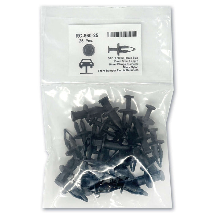 Rejilla de parachoques delantero de nailon negro - Orificio de 9,5 mm, brida de 18 mm, vástago de 23 mm (paquete de 25)