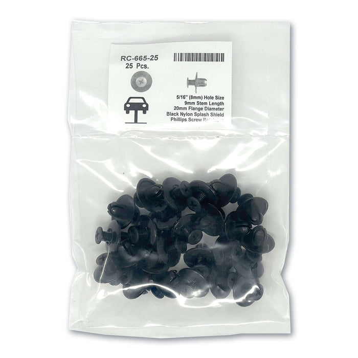 Remaches Phil de nailon negro antisalpicaduras - Orificio de 8 mm, longitud de vástago de 9 mm (paquete de 25)
