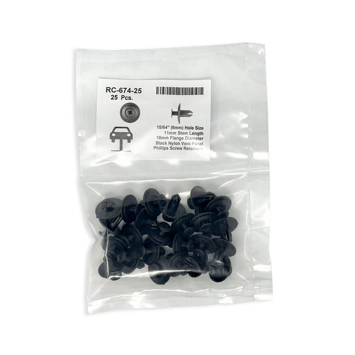 Black Nylon Phillips Screw Retainer Clip  - 6mm Hole Size 11mm Stem Length (Pack of 25)