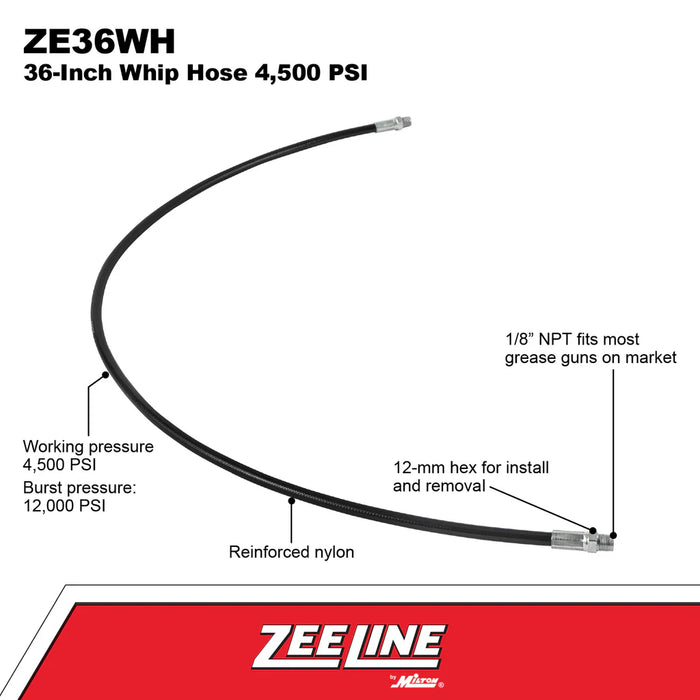36 inch 4,500 PSI nylon whip hose for grease guns