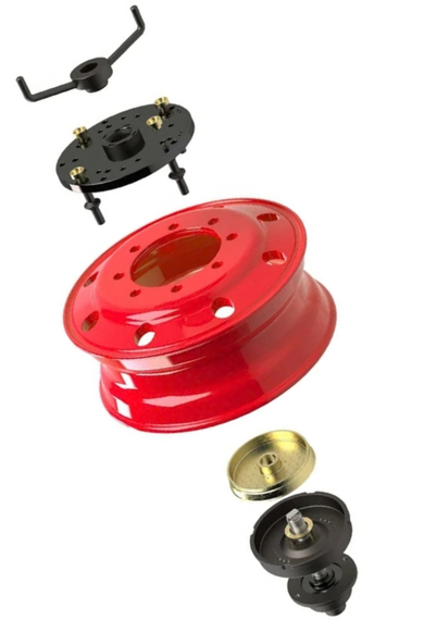 Exploded view of a truck wheel balancing adapter kit with a red steel truck wheel, flange plate, wing nut, pressure cup, and centering cone