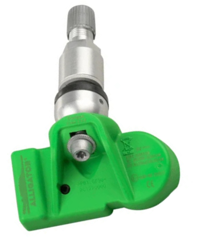 Green Alligator TPMS sensor with clamp-in aluminum valve stem and mounting nut, shown on a white background