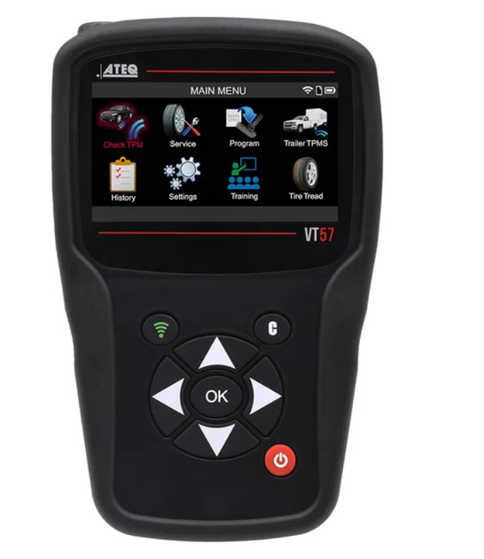 ATEQ VT57 handheld TPMS tool displaying its main menu with Check TPMS, Service, Program, Trailer TPMS, and Tire Tread options
