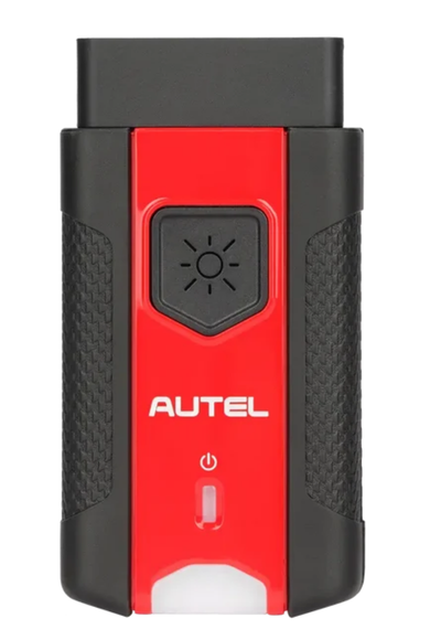 Red and black Autel OBD-II vehicle communication interface that connects to a car’s diagnostic port for TPMS relearns