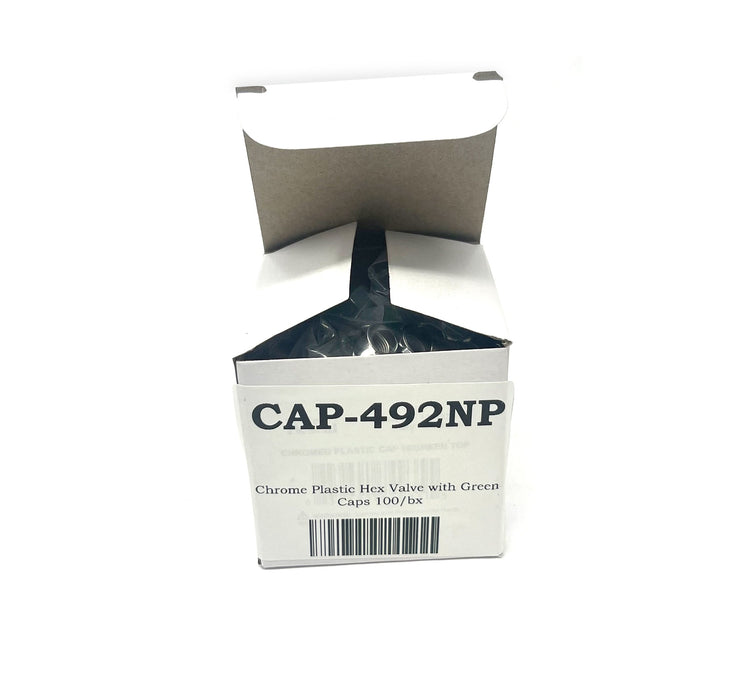 Chrome Plastic Hex Valve Cap with Green Top (100/Box)