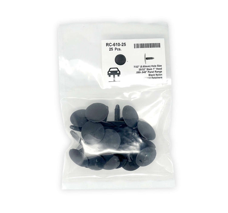 Black Universal Nylon Shield Retainer Head Diameter 1",  Stem Diameter 1/4", Stem Length 25/32" Ford # N808370 S (pack of 25)