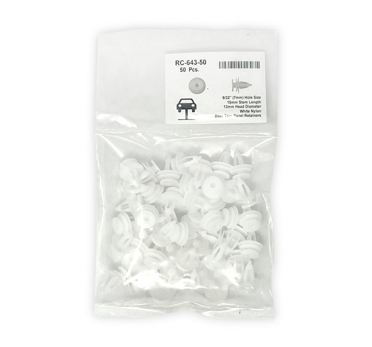 White Nylon Door Panel Retainers   7mm Hole 13mm Head 15mm Stem (Pack of 50)