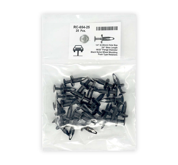 Black Nylon Wheel Opening Molding Push Type Retainer  Head Diameter 19/32", Stem Length 3/4", Fits Into 1/4" Hole GM #21077123 (25 pack)