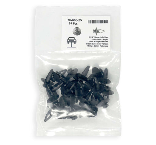 Black Nylon Inner Fender Shield Blind Rivet, Head Diameter 20mm, Stem Length 18mm, Fits Into 8mm Hole (Pack of 25)