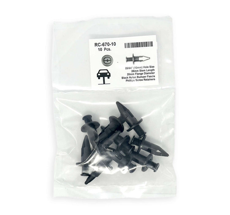 Black Nylon Bumper Fascia Retainer   10mm Hole Size 28mm Stem Length (Pack of 10)